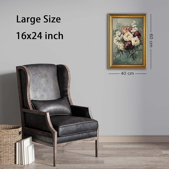 YD&YZY Gold Framed Vintage Wall Art Canvas Still Life Sage Green Flower Farmhouse Print Moody Floral Wall Decor Rustic Cottagecor Painting Picture Print for Dining Room Bedroom 16x24 inch Framed