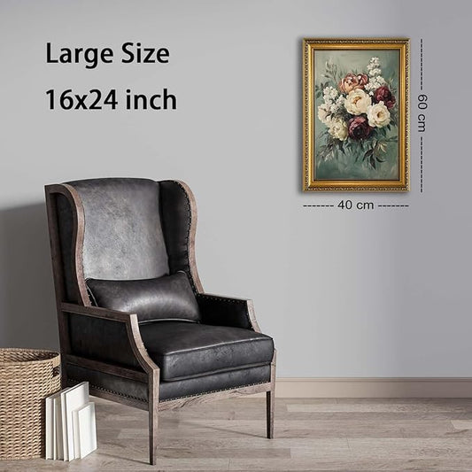 YD&YZY Gold Framed Vintage Wall Art Canvas Still Life Sage Green Flower Farmhouse Print Moody Floral Wall Decor Rustic Cottagecor Painting Picture Print for Dining Room Bedroom 16x24 inch Framed