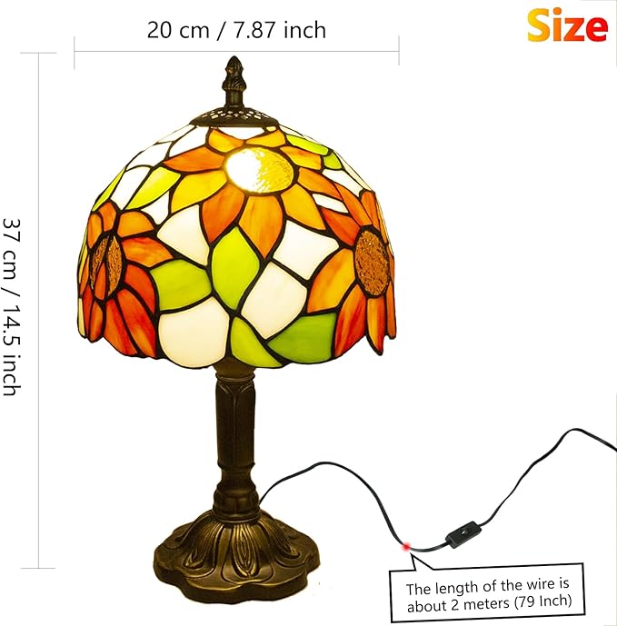 Tiffany Style Table Lamp, 3 Color Temperatures Bedside Lamp, 8 Inch Stained Glass Desk Light for Home Office Bedroom Living Room (Sunflower Pattern)