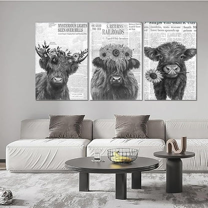 Black and White Highland Cow Canvas Wall Art 3 Panel Rustic Floral Highland Cow Poster Wall Decor Vintage Funny Farm Animal Artwork for Country Apartment Living Room Hotel Decoration 24x36inchx3pcs