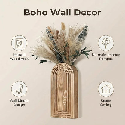 Set of 2 Wooden Wall Vases with Dried Pampas Grass & Eucalyptus, Boho Farmhouse Decor for Living Room, Entryway, Bathroom, Rustic Home Art(Brown)