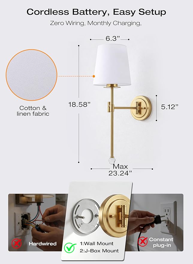 CLOUDY BAY 10000mAh Battery Operated Wall Sconces,Up to 100 Hours with Rechargeable RGB Dimmable Magnetic Bulb,Cordless Wall Lighting Fixtures with Remote for Bedroom,Soft Gold,2 Pack-18.6inch