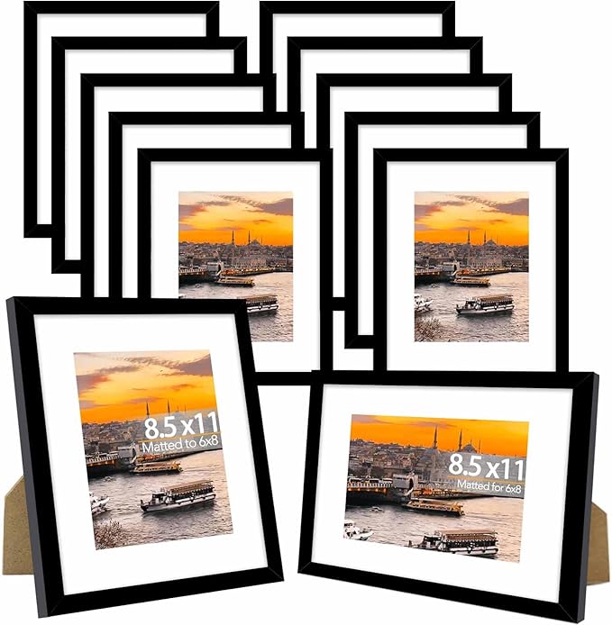 JCJMY 12 Packs 8.5 by 11 Picture Frames, Display 6x8 with Mat or 8.5x11 Without, for Award Certificate Diploma Document, 8.5 x 11 Frames Bulk Set of 12 Photo Frames Set for Wall and Tabletop, Black