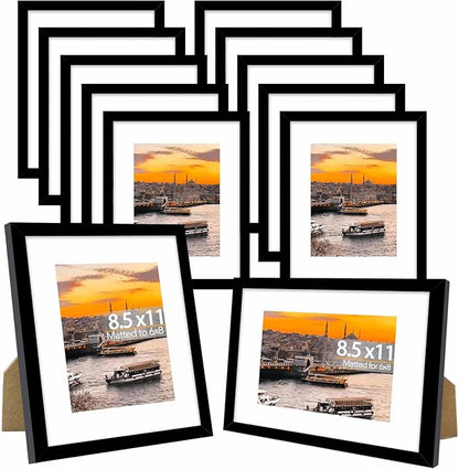 JCJMY 12 Packs 8.5 by 11 Picture Frames, Display 6x8 with Mat or 8.5x11 Without, for Award Certificate Diploma Document, 8.5 x 11 Frames Bulk Set of 12 Photo Frames Set for Wall and Tabletop, Black