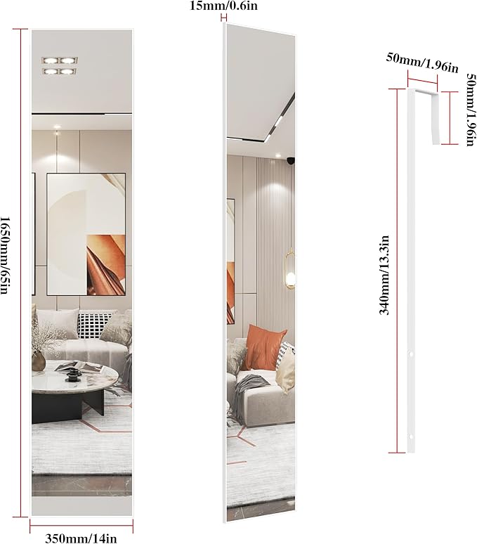 ANYHI Large Full Length Mirror, 65"x13.8" Door Mirror Full Length, 2 Hooks, Over The Door or Wall Monuted, Aluminum Frame, for Bedroom Bathroom Checkroom, White