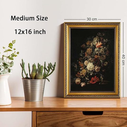 YD&YZY Gold Framed Vintage Wall Art Canvas Moody Flower Wall Decor Still Life Retro Dark Floral Aesthetic Art Painting Picture Print Artwork for Living Room Bedroom Home Decor 12x16 inch Framed
