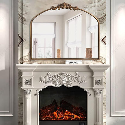 OUSHUAI Gold Arched Mirror,Baroque Brass Fireplace Mirror Decor, Victorian Vintage Mirrors with Full Matel Frame,Ornate Mirrors for Entryway/Bathroom/Living Room/Hallway 36"X30"