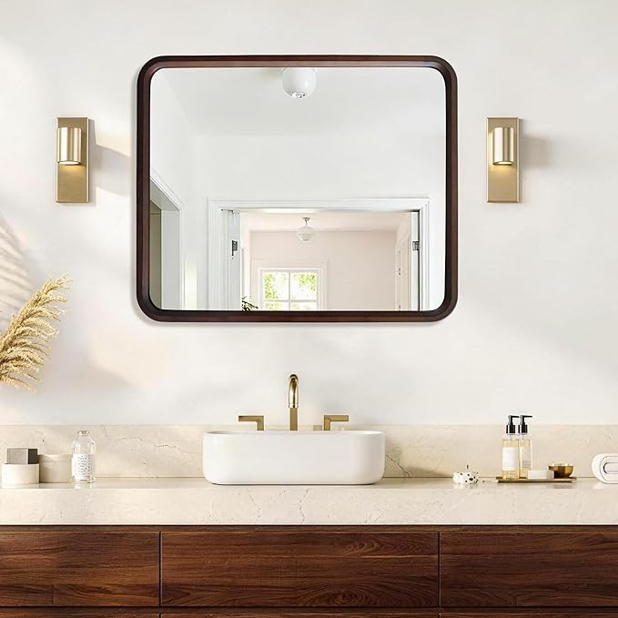 Bathroom Mirror for Wall,Wood Rectangle 30 x 36 inch Hanging Vatiny Tempered Mirrors with Rounded Corner for Living Room,Bedroom,Entryway