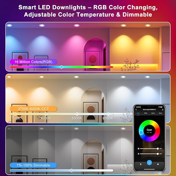 2 Inch Smart Recessed Lighting, 5W WiFi Recessed LED Lights, Dimmable RGB Color Changing & CCT 2700K–6500K, Compatible with Alexa & Google Home, 120V Recessed Ceiling Light with Driver (4 Pack)