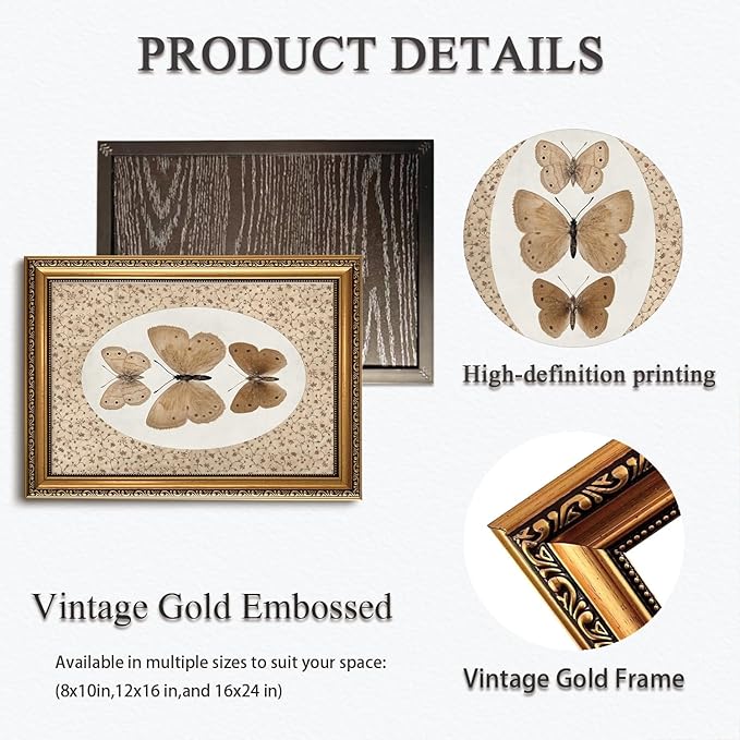 WZGZXU Vintage Gold Framed Wall Art Butterfly Pictures Wall Decor Moth Taxidermy Canvas Art Bathroom Shelf Paintings Print Antique Farmhouse Artwork For Living Room Bedroom
