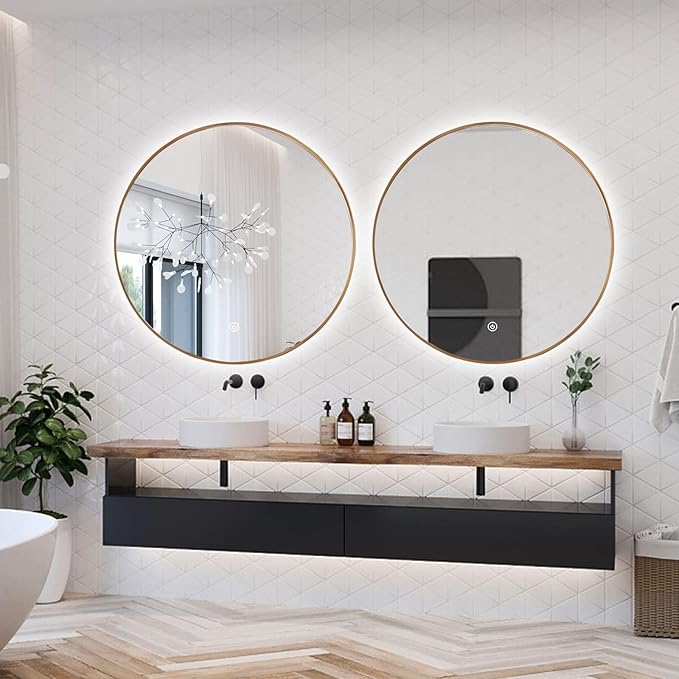 Niccy 24" LED Backlit Round Mirror for Bathroom, Gold Framed Vanity Light Wall Mirror, LED Smart Circle Mirrors with 3 Lighting Colors, Round Lighted Mirror with Anti-Fog, IP65 Waterproof