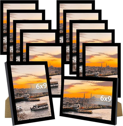 JCJMY 12 Packs 6x9 Picture Frames, Display 4x6 with Mat or 6x9 without Mat, Sturdy 6 by 9 Frames Bulk Set of 12 Collage Wall Decor Photo Frames Set for Wall and Tabletop, Black