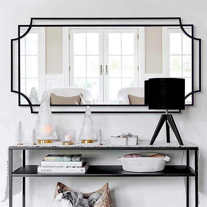 Large Black Mirror for Living Room, 60'' x 30'' Decorative Wall Mirror with Metal Frame, Elegant Scalloped Mirror for Hallway Dining Room Bathroom Fireplace