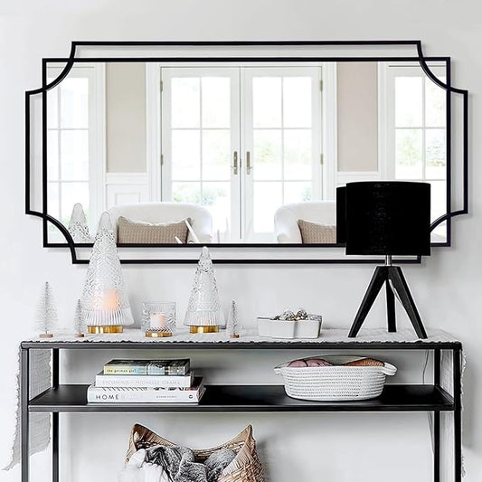 Large Black Mirror for Living Room, 60'' x 30'' Decorative Wall Mirror with Metal Frame, Elegant Scalloped Mirror for Hallway Dining Room Bathroom Fireplace