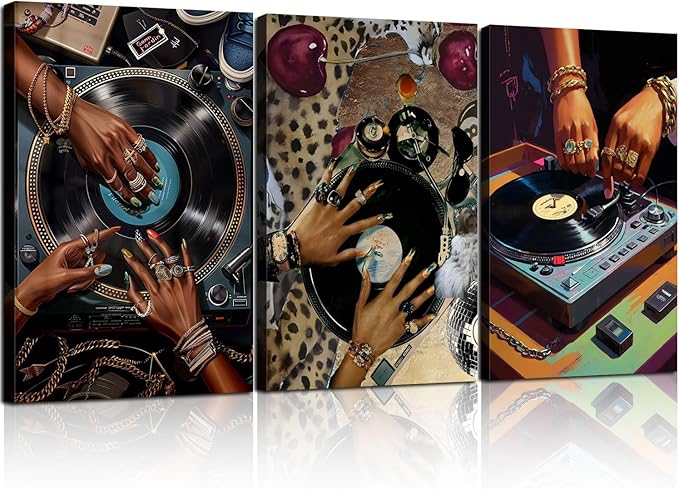 3Pcs Framed Hip-Hop Dj Wall Art Disc Players Canvas Printed Records Bedroom Prints Living Room Galleries Music Studio Posters Vintage Urban Art Aesthetic Decoration