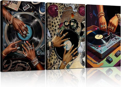 3Pcs Framed Hip-Hop Dj Wall Art Disc Players Canvas Printed Records Bedroom Prints Living Room Galleries Music Studio Posters Vintage Urban Art Aesthetic Decoration