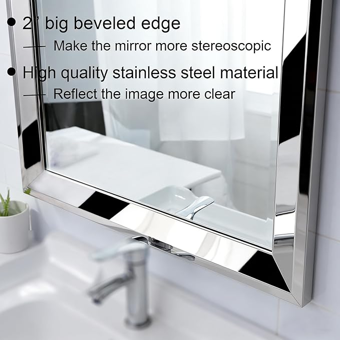 Chende 33"x49" Angled Retangular Decorative Wall Mirror with 2" Stainless Steel Frame, Modern Large Elegant Mirror for Living Room, Dining Room, Entrance, Bedroom Decor, Unique
