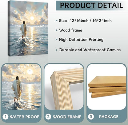 Jesus Canvas Wall Art, Christian Wall Decor of Jesus Walking on Water, Inspirational God Picture for Living Room, Prayer Room or Church, Catholic Religious Artwork – 16"x24" Framed