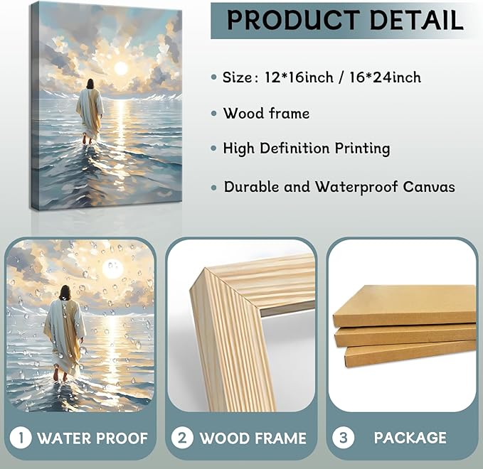 Jesus Canvas Wall Art, Christian Wall Decor of Jesus Walking on Water, Inspirational God Picture for Living Room, Prayer Room or Church, Catholic Religious Artwork – 12"x16" Framed