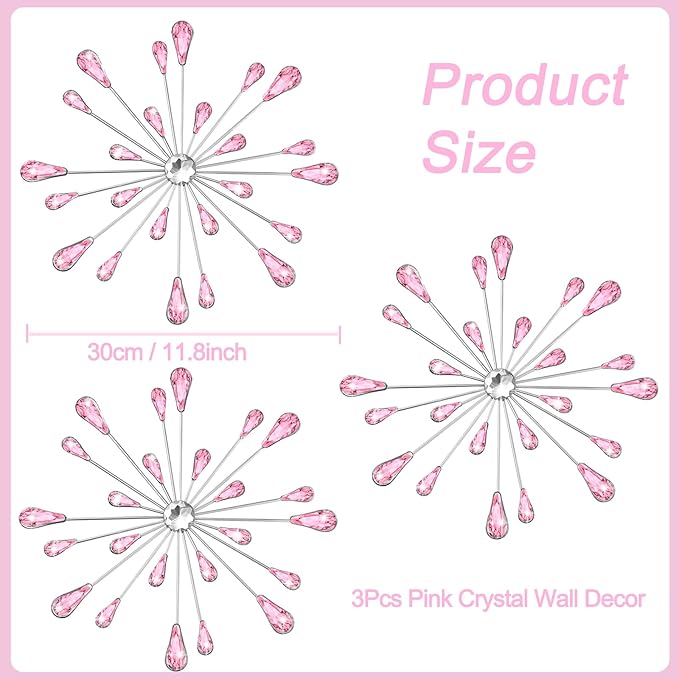 DXYAKY Set of 3 Pink Metal Starburst Wall Art Decor, Rhinestone Crystal Home Decor Accents, 11.8 Inch Decorative Wall Hanging Diamond, Jeweled Sparkle Wall Sculptures for Living Room Bedroom
