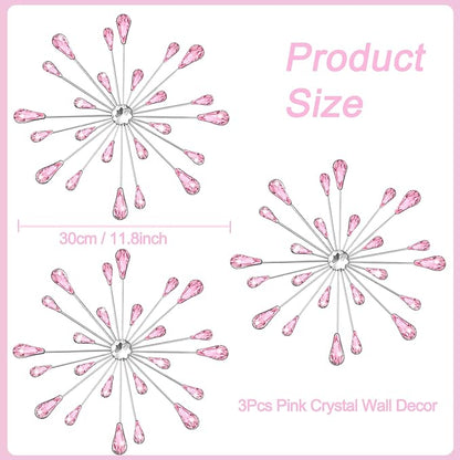 DXYAKY Set of 3 Pink Metal Starburst Wall Art Decor, Rhinestone Crystal Home Decor Accents, 11.8 Inch Decorative Wall Hanging Diamond, Jeweled Sparkle Wall Sculptures for Living Room Bedroom