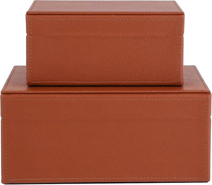 HofferRuffer Faux Leather Jewelry Boxes, Decorative Boxes Storage Accessory Organizer with Gold Hardware Decor, Classic Vegan Leather Set of 2 Pieces (Brown)