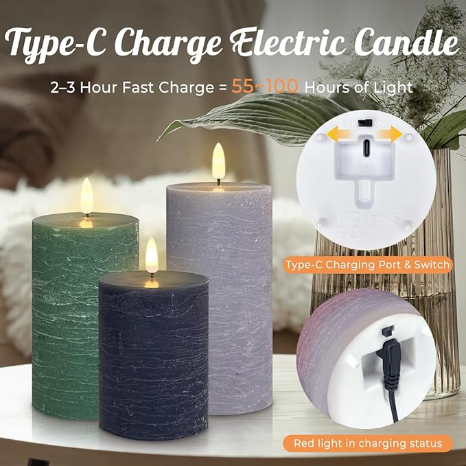 LEDHOLYT Rechargeable Flameless LED Pillar Candles–Luminous Real Wax Indoor Home Decor–Set of 3, Realistic Flickering LED Flame,Remote & Timer, USB-Rechargeable（Verdant & Ash Tones）