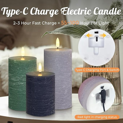 LEDHOLYT Rechargeable Flameless LED Pillar Candles–Luminous Real Wax Indoor Home Decor–Set of 3, Realistic Flickering LED Flame,Remote & Timer, USB-Rechargeable（Verdant & Ash Tones）