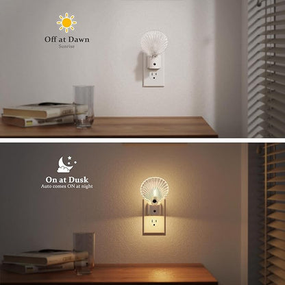 JandCase Night Light, Night Lights Plug into Wall, Dusk to Dawn Sensor Seashell Nightlights, 3000K Soft White Brightness Adjustable Nightlight for Kids Bedroom Hallway Kitchen