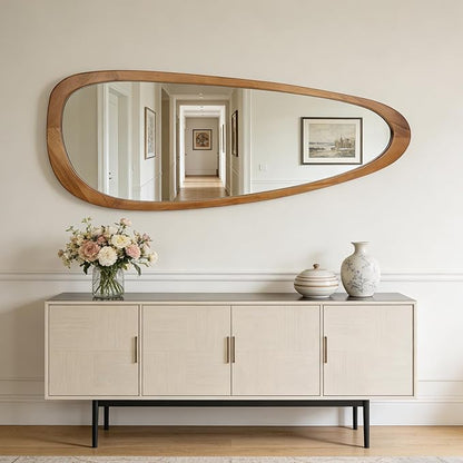 Ruomeng Full Length Irregular Wall Mirror, 60 x 22 Inch Wooden Mirror, Boho Large Decorative Asymmetrical Mirror for Bathroom, Living Room, Bedroom, Entryway, Farmhouse, Tempered Glass, Shatterproof