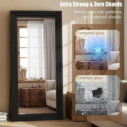 Full Length Mirror 71"x30", Large Solid Wood Frame Floor Mirror, Leaning Floor Mirror, Stable Frame, Shatterproof Glass, Modern Classic Style for Bedroom, Living Room, Entryway