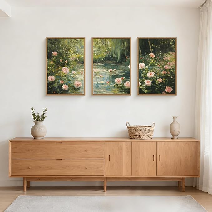 Aryroi Water Lilies Monet Framed Canvas Wall Art Set,Garden Pond Impressionist Floral Wall Decor,Vintage Oil Green Vibrant Flower Botanical Artwork for Living Room, Bedroom,Farmhouse- 16"x24"x3