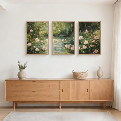 Aryroi Water Lilies Monet Framed Canvas Wall Art Set,Garden Pond Impressionist Floral Wall Decor,Vintage Oil Green Vibrant Flower Botanical Artwork for Living Room, Bedroom,Farmhouse- 16"x24"x3