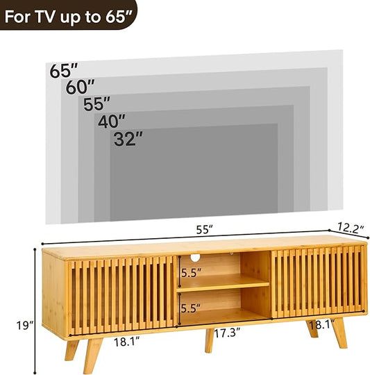 Bamboo TV Stand for TVs up to 65", Accent Entertainment Center with Storage, Media Console Table with Sliding Fence Door, Modern TV Stand for Living Room, Bedroom, 55"(L), Burlywood
