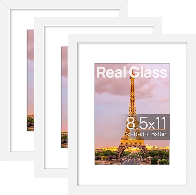 upsimples 8.5x11 Picture Frame Set of 3, Made of High Definition Glass for 6x8 with Mat or 8.5x11 Without Mat, Wall Mounting Photo Frames, White