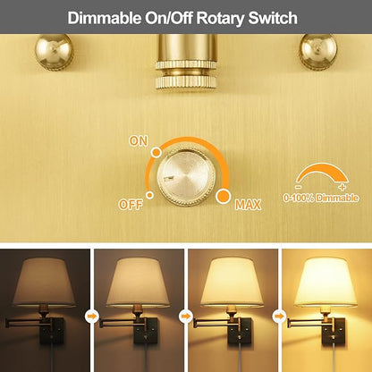 TRLIFE Wall Sconce Plug in, Brushed Brass Dimmable Wall Sconces Set of 2 Swing Arm Wall Lights with Plug in Cord and Dimmer On/Off Knob Switch, 9.4" Medium White Fabric Shade(2 LED Bulbs Included)