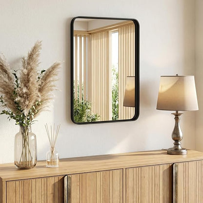 OLIXIS Bathroom Mirror for Over Sink, 30x22 Inch Wall Rounded Rectangle Mirror with Matte Metal Framed, Modern Wall Mount Vanity Mirror for Home Decor, Living Room, Black