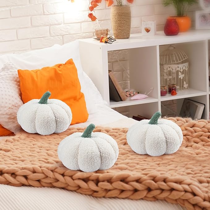 Namalu 3 Pcs Thanksgiving Pumpkin Pillows 3D Throw Cushion Soft Sofa Pillows Stuffed Pumpkin Decoration for Fall Winter Living Room Home Christmas Thank You Gifts(7.87 Inch,White)