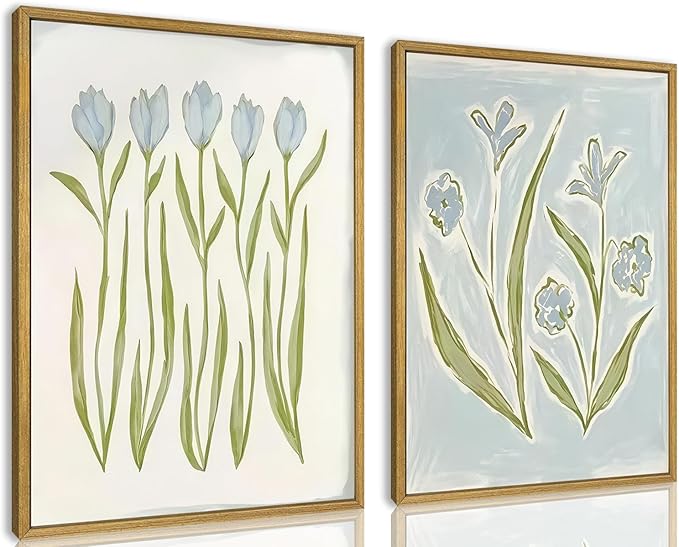 wanyun Blue Tulip Flower Wall Art Set of 2, Watercolor Floral Preppy Canvas Poster Prints, Modern Botanical Painting Aesthetic Picture for Living Room Bedroom Bathroom Apartment Wall Decor 12x16 Inch Framed