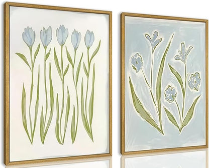 wanyun Blue Tulip Flower Wall Art Set of 2, Watercolor Floral Preppy Canvas Poster Prints, Modern Botanical Painting Aesthetic Picture for Living Room Bedroom Bathroom Apartment Wall Decor 12x16 Inch Framed