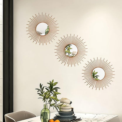 3 Pack Metal Mirrors for Wall Sunburst Wall Mirrors Home Décor Decorative Hanging Wall Art for Living Room Bedroom Entryway (Rose Gold2, Sunburst)