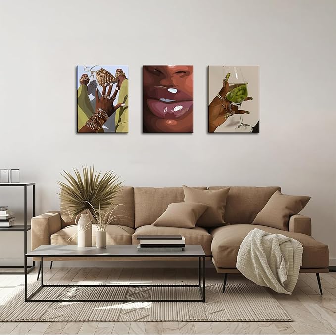Black Girl Wall Art Framed Set of 3 - African Woman Canvas Home Decor American Woman Wall Decor Black Female Print Pictures Fashion Abstract Poster for Home Bedroom Bathroom 16×24 Inch