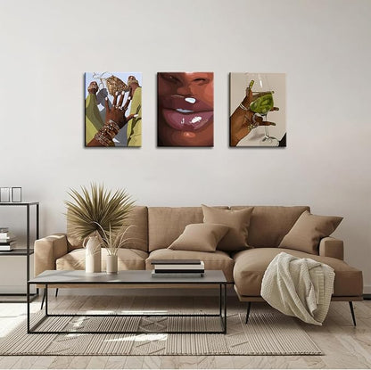 Black Girl Wall Art Framed Set of 3 - African Woman Canvas Home Decor American Woman Wall Decor Black Female Print Pictures Fashion Abstract Poster for Home Bedroom Bathroom 12×16 Inch
