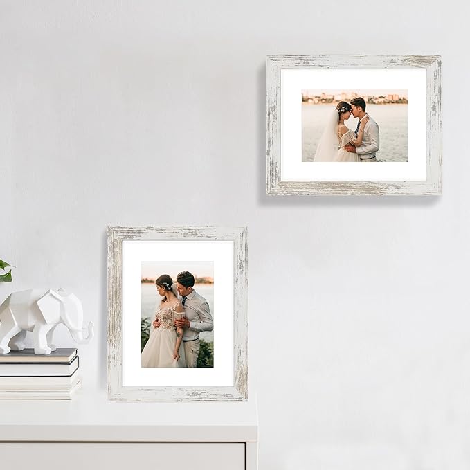 iRahmen 8x10 Picture Frame Set of 2 with HD Glass, Distressed White Wood Photo Frames Display 5x7 Pictures with Mat or 8 x 10 Without Mat for Horizontal or Vertical Tabletop and Wall Mounting