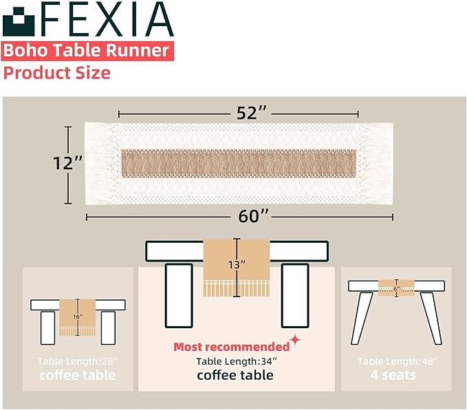 FEXIA Boho Table Runner for Summer Home Coffee Decor with Tassels 60 Inches Long Farmhouse Rustic Table Cloth Cream & Brown Macrame for Kitchen Dining Bedroom Decor Bridal Shower (12x60 Inches)