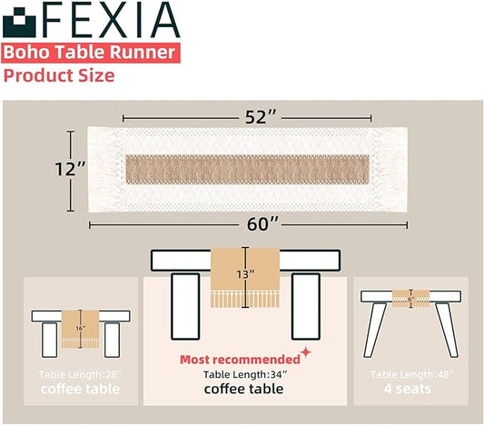 FEXIA Boho Table Runner for Summer Home Coffee Decor with Tassels 60 Inches Long Farmhouse Rustic Table Cloth Cream & Brown Macrame for Kitchen Dining Bedroom Decor Bridal Shower (12x60 Inches)