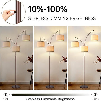 Dimmable Floor Lamp, 3 Lights Brown Arc Floor Lamp, Modern Tall Standing Tree Lamp with Beige Linen Shades & Heavy Base, 3000LM LED Bulbs, Bright Lighting for Living Room, Bedroom, Office & Reading