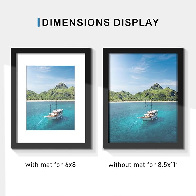 Wiscet 8.5x11 Picture Frame Set of 9, Display Pictures 6x8 with Mat or 8.5x11 without Mat, Photo Frame for Wall Mounting or Tabletop Display, Black