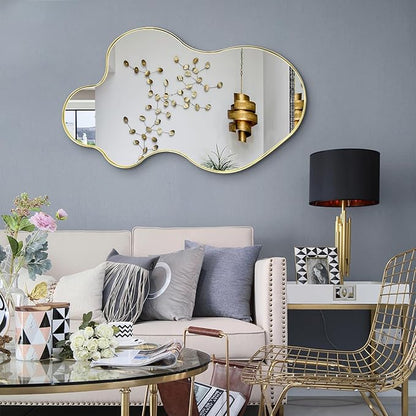 Irregular Mirror, 30"x18" Asymmetrical Mirror, Gold Metal Frame Abstract Wall Mirrors Decorative, Modern Odd Shaped Mirrors for Living Room Bathroom Bedroom Hallway Entryway Fireplace
