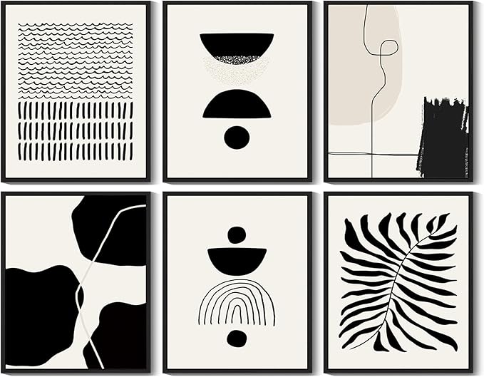 KUVIOKE Black Abstract Framed Wall Art Boho Room Decor Set of 6 Minimalist Geometric Line Art Bohemian Mid Century Modern Prints for Bedroom Living Room 11x14in (Black Framed)